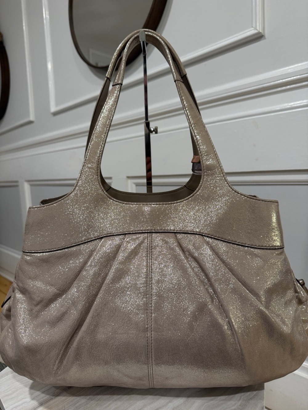 Coach Bag Lexi Metallic Gold Champagne Sparkle Leather Pleated Shoulder Bag - Picture 6 of 17